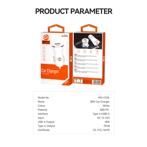 MG - Autolader - 38W - 2 Poorten - USB + Type-C Snellader - Sigarettenaansteker - Power Delivery Tel