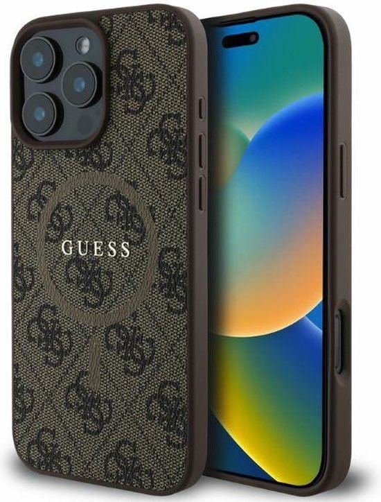 GUESS, Beschermhoes Geschikt voor Apple iPhone 16 Pro Max MagSafe Gedrukt 4G, Bruin