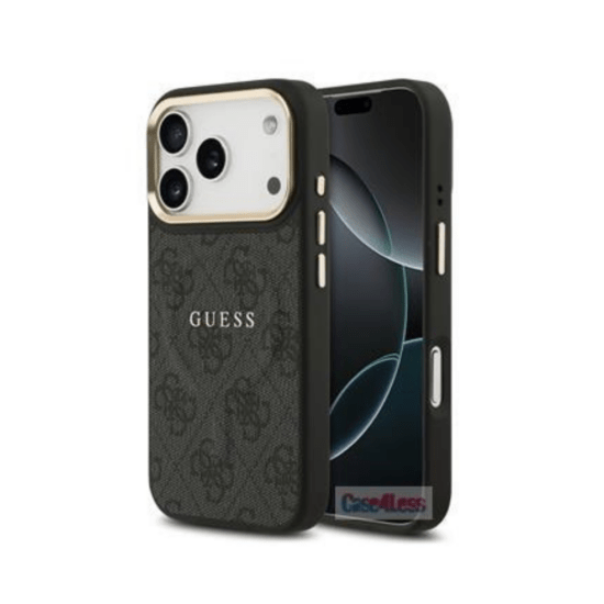 Guess iPhone 17 Pro Case - PU Leather Gold Frame - MagSafe - Black