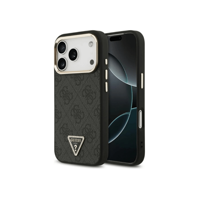 Guess iPhone 17 Pro Max Case - Strass Triangle Logo - Gold Frame - MagSafe - Gray