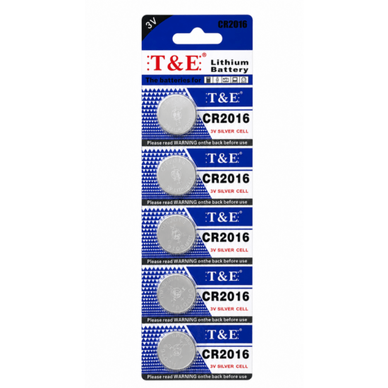 T&E Lithium Battery CR2016 - 3V Silver Cell - 1 Strip